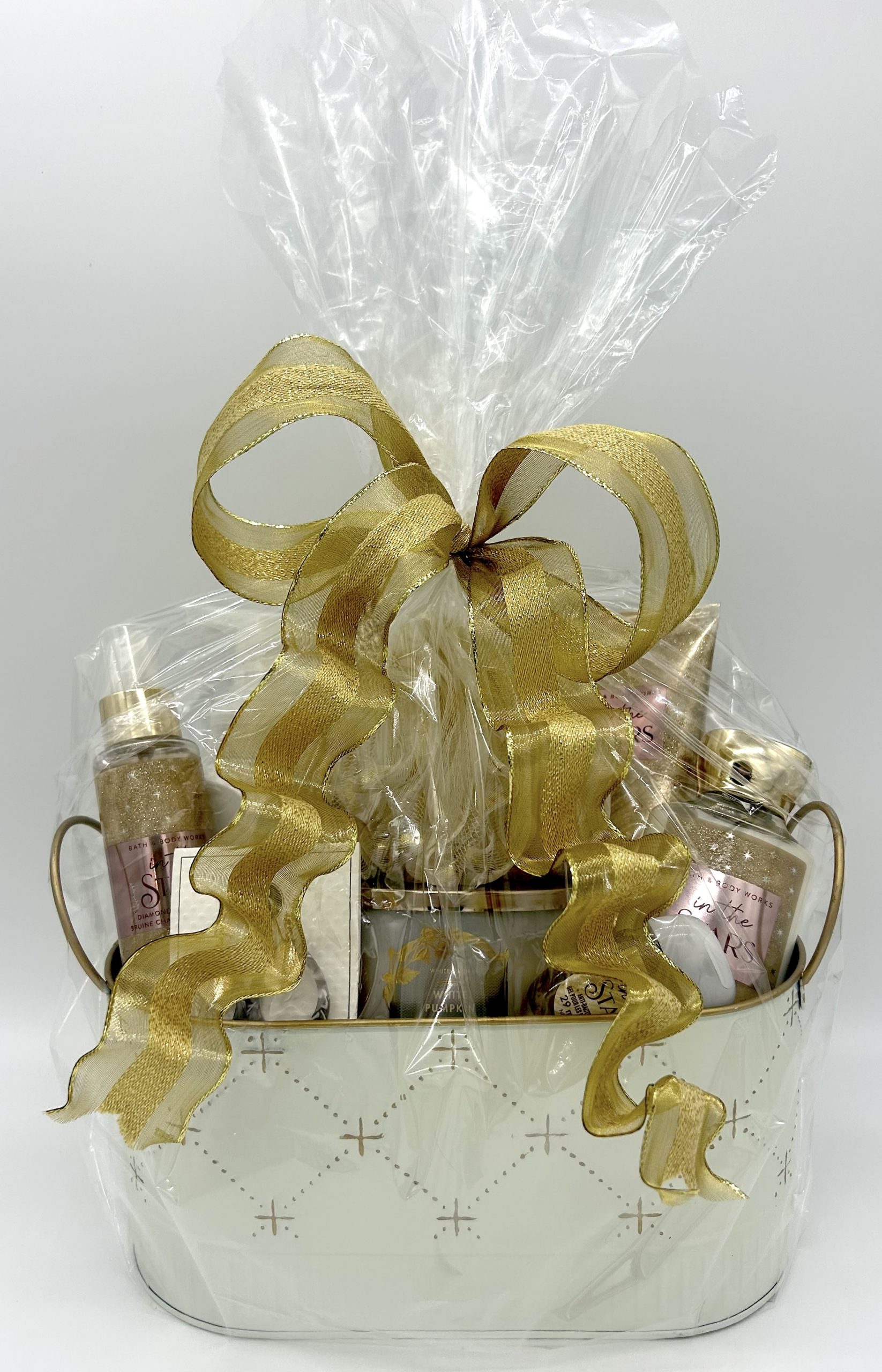 white and gold gift basket