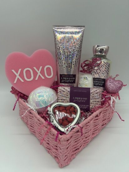 Valentines - A Thousand Wishes - Gift Basket with Cinnamon Hearts.