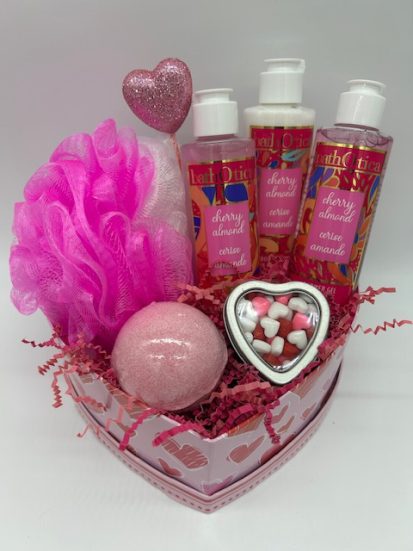 Valentines Cherry Almond Bath Basket with Candy