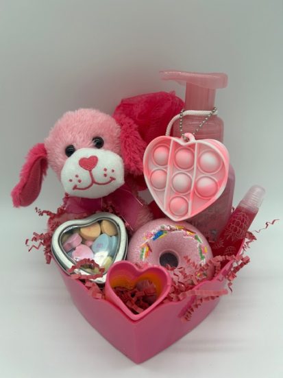 Valentines Kids Bath, Stuffy & Treat Gift Basket