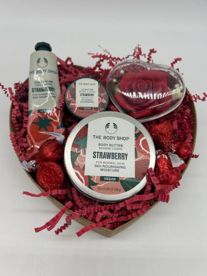 Valentines Strawberry Skin Care & Kisses Heart Gift Basket.