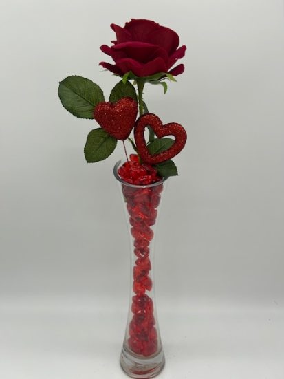 Valentines Silk Rose Glass Gem Vase